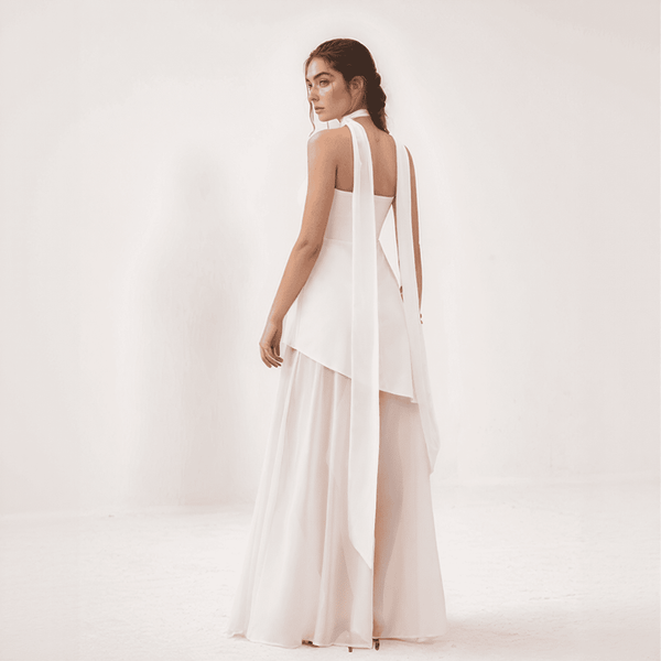 Zephyra Asymmetric Chiffon Maxi Dress with Scarf Accent