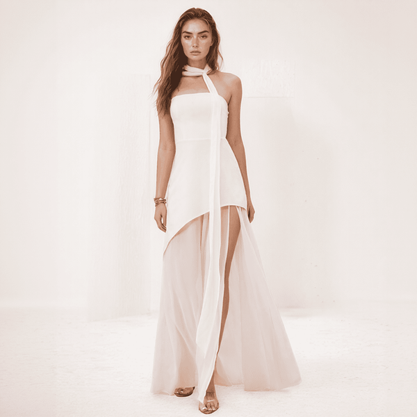 Zephyra Asymmetric Chiffon Maxi Dress with Scarf Accent